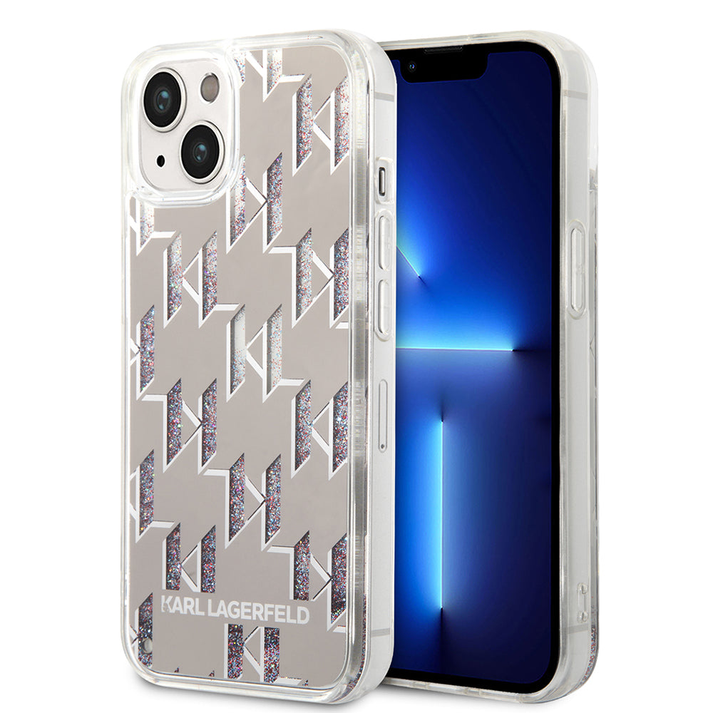 Etui na Apple iPhone 14 Plus, Karl Lagerfeld, Liquid Glitter Monogram, Srebrne