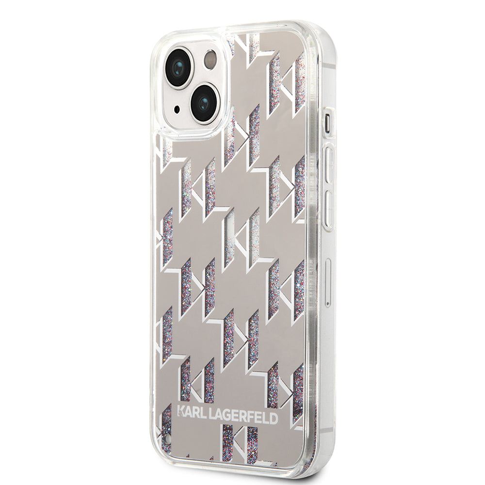 Etui na Apple iPhone 14 Plus, Karl Lagerfeld, Liquid Glitter Monogram, Srebrne