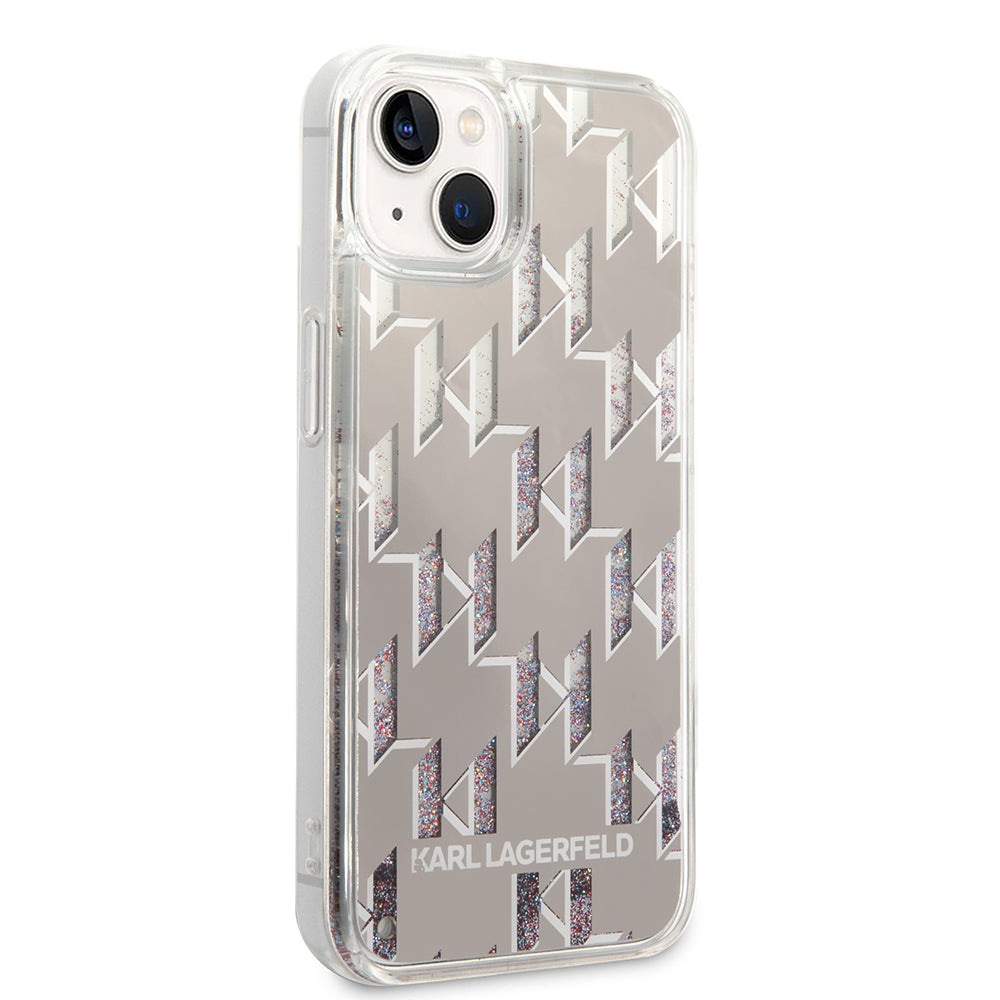 Etui na Apple iPhone 14 Plus, Karl Lagerfeld, Liquid Glitter Monogram, Srebrne