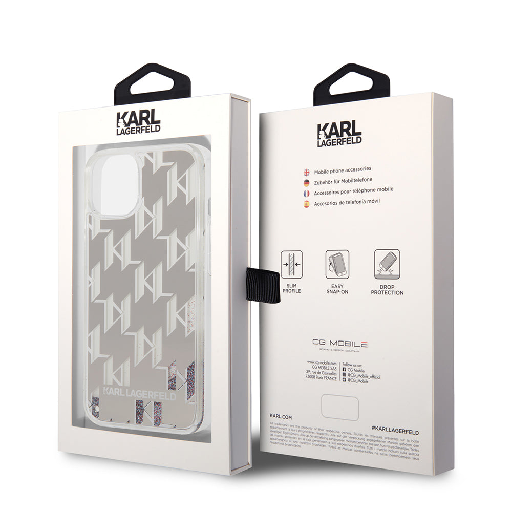 Etui na Apple iPhone 14 Plus, Karl Lagerfeld, Liquid Glitter Monogram, Srebrne