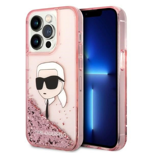 Etui na Apple iPhone 14 Pro, Karl Lagerfeld, Glitter Karl's Head, Różowy