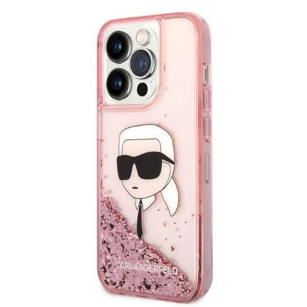Etui na Apple iPhone 14 Pro, Karl Lagerfeld, Glitter Karl's Head, Różowy