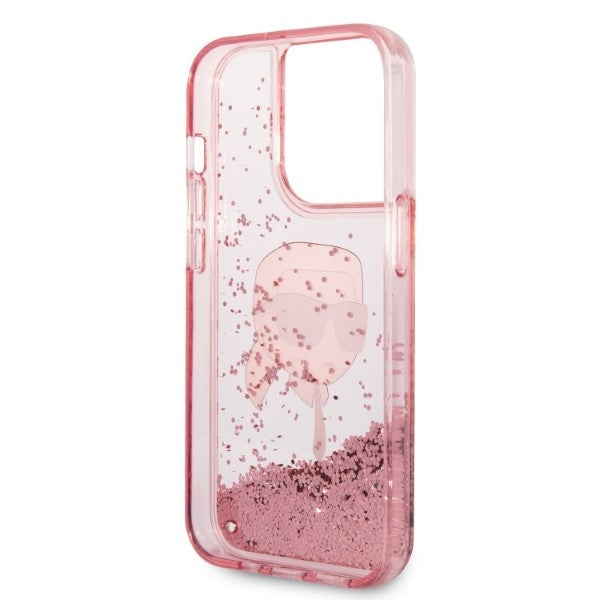 Etui na Apple iPhone 14 Pro, Karl Lagerfeld, Glitter Karl's Head, Różowy