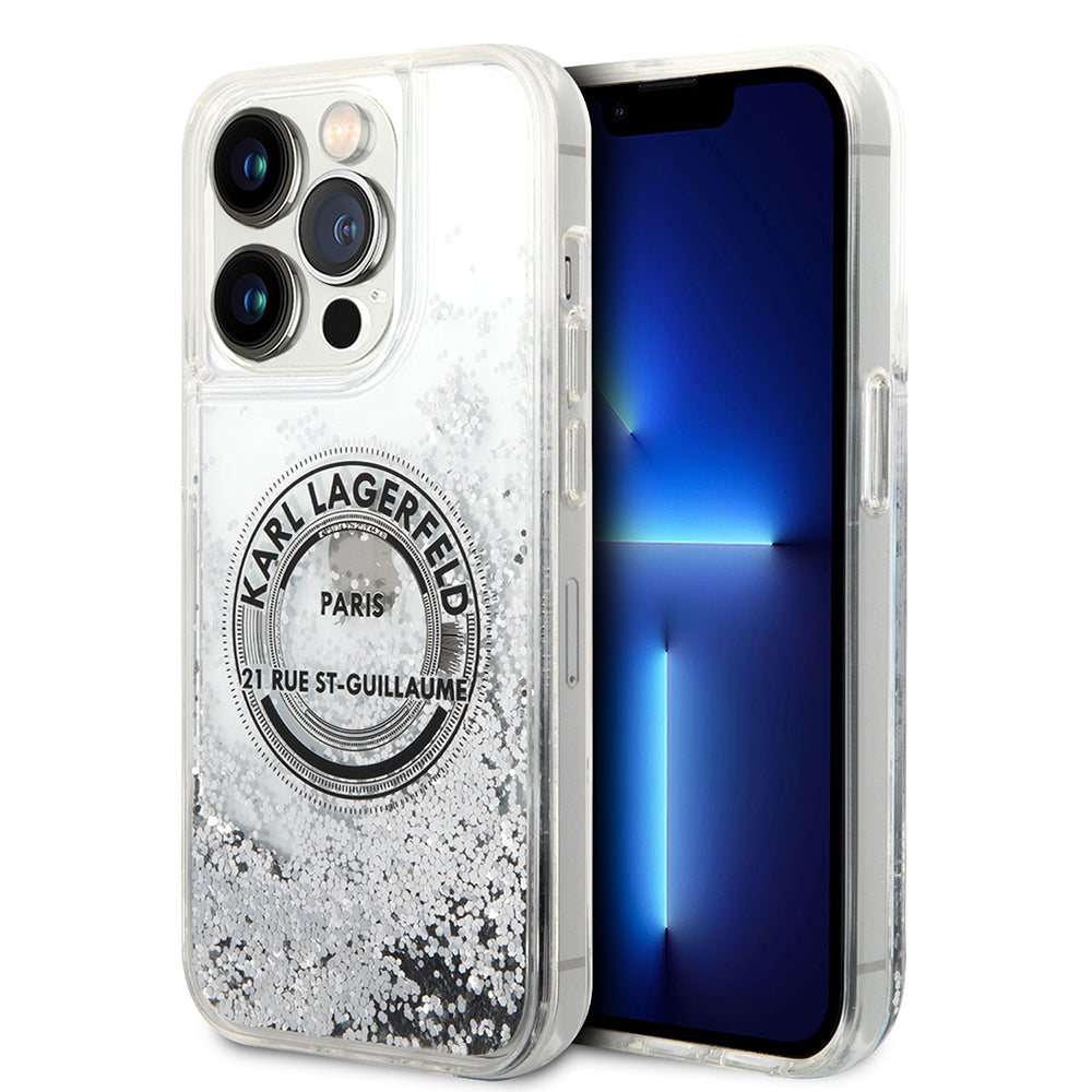 Etui na Apple iPhone 14 Pro, Karl Lagerfeld, Liquid Glitter RSG, Srebrne.