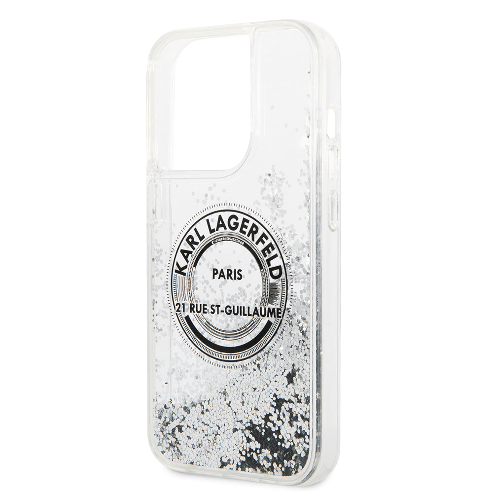 Etui na Apple iPhone 14 Pro, Karl Lagerfeld, Liquid Glitter RSG, Srebrne.