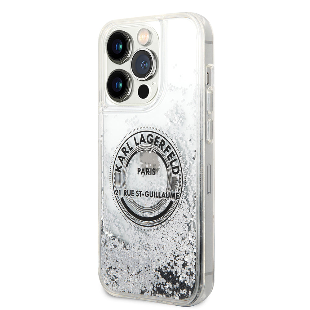 Etui na Apple iPhone 14 Pro, Karl Lagerfeld, Liquid Glitter RSG, Srebrne.