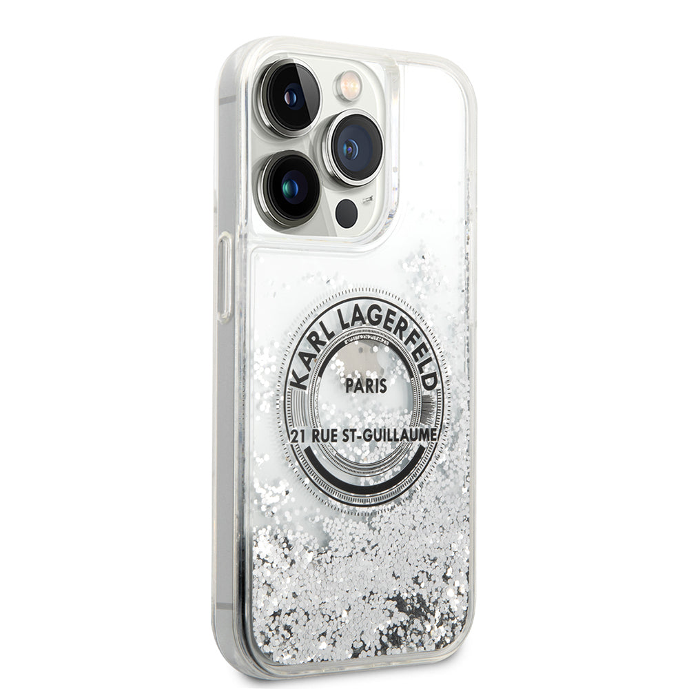 Etui na Apple iPhone 14 Pro, Karl Lagerfeld, Liquid Glitter RSG, Srebrne.