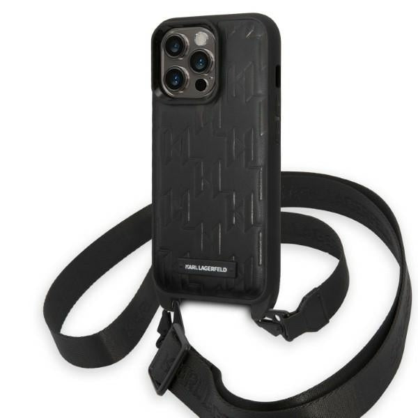 Etui na Apple iPhone 14 Pro, Karl Lagerfeld, Monogram Plaque Logo with Strap, Czarne