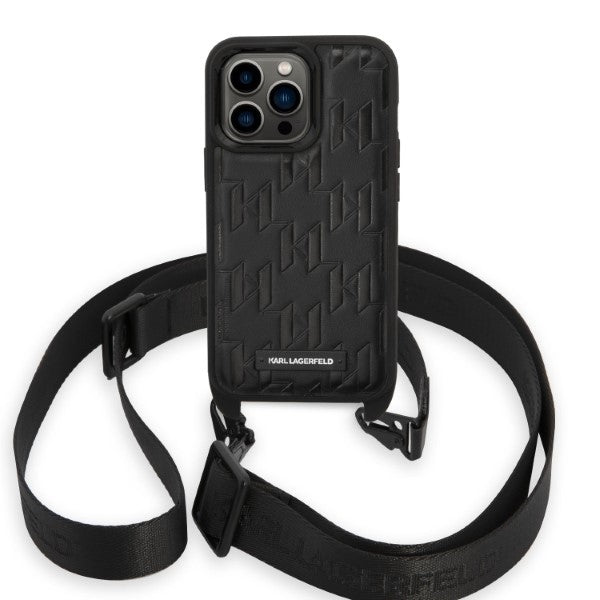 Etui na Apple iPhone 14 Pro, Karl Lagerfeld, Monogram Plaque Logo with Strap, Czarne