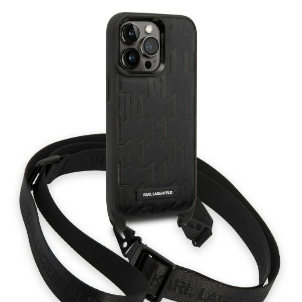 Etui na Apple iPhone 14 Pro, Karl Lagerfeld, Monogram Plaque Logo with Strap, Czarne