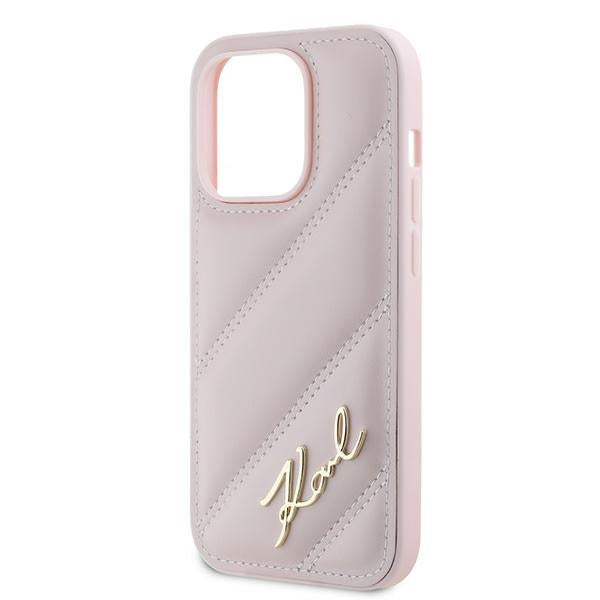 Etui na Apple iPhone 14 Pro Max, Karl Lagerfeld, Diagonal Quilted Script, Różowy