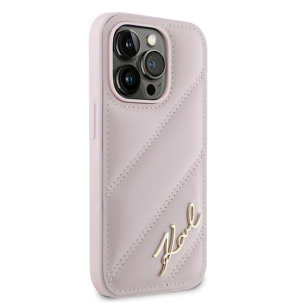 Etui na Apple iPhone 14 Pro Max, Karl Lagerfeld, Diagonal Quilted Script, Różowy