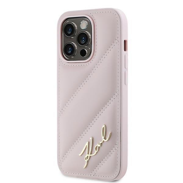 Etui na Apple iPhone 14 Pro Max, Karl Lagerfeld, Diagonal Quilted Script, Różowy