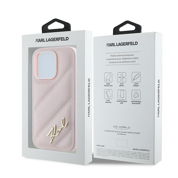 Etui na Apple iPhone 14 Pro Max, Karl Lagerfeld, Diagonal Quilted Script, Różowy