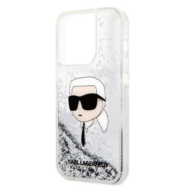 Etui na Apple iPhone 14 Pro Max, Karl Lagerfeld, Glitter Karl's Head, Srebrne.