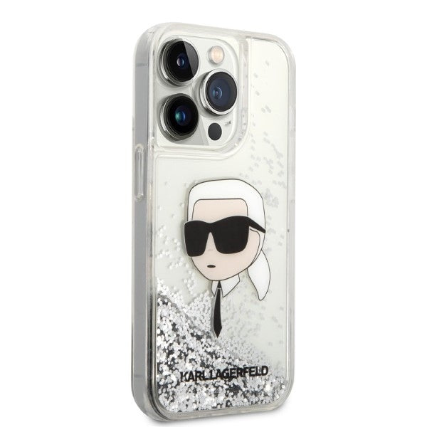 Etui na Apple iPhone 14 Pro Max, Karl Lagerfeld, Glitter Karl's Head, Srebrne.