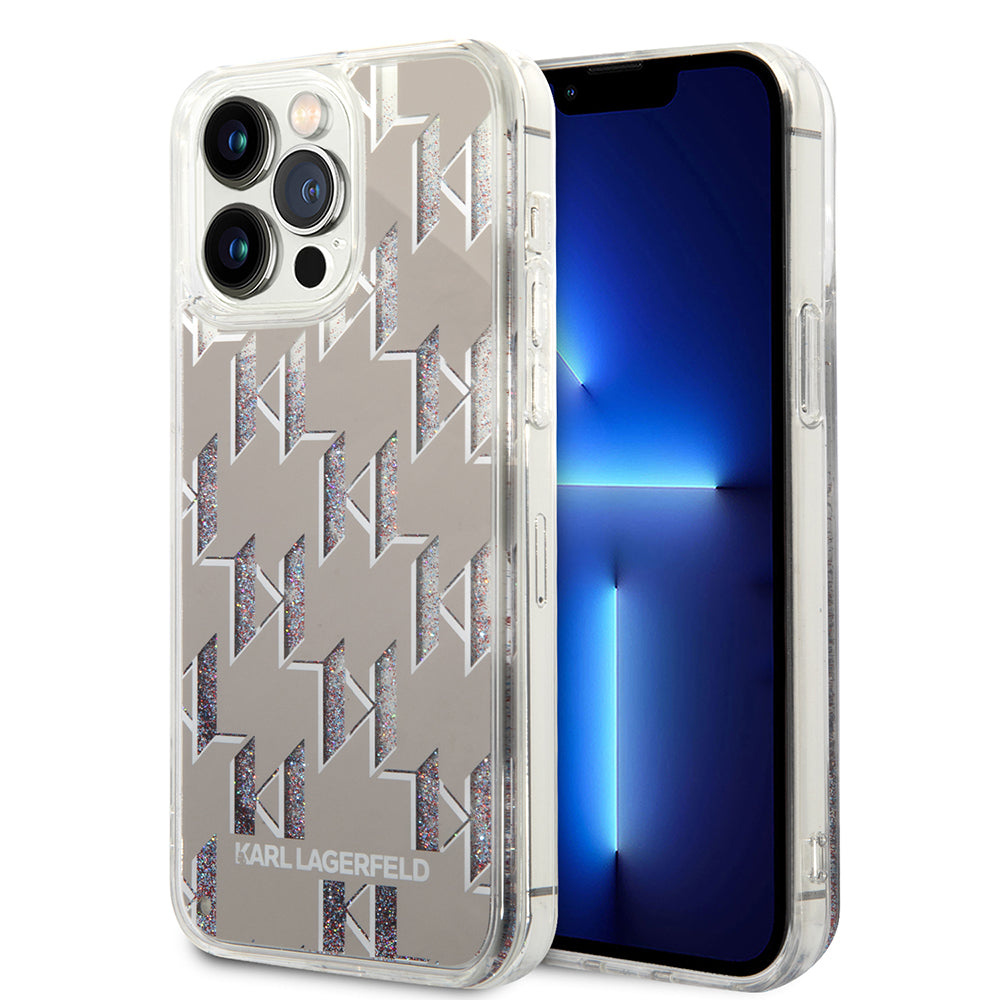 Etui na Apple iPhone 14 Pro Max, Karl Lagerfeld, Liquid Glitter Monogram, Srebrne