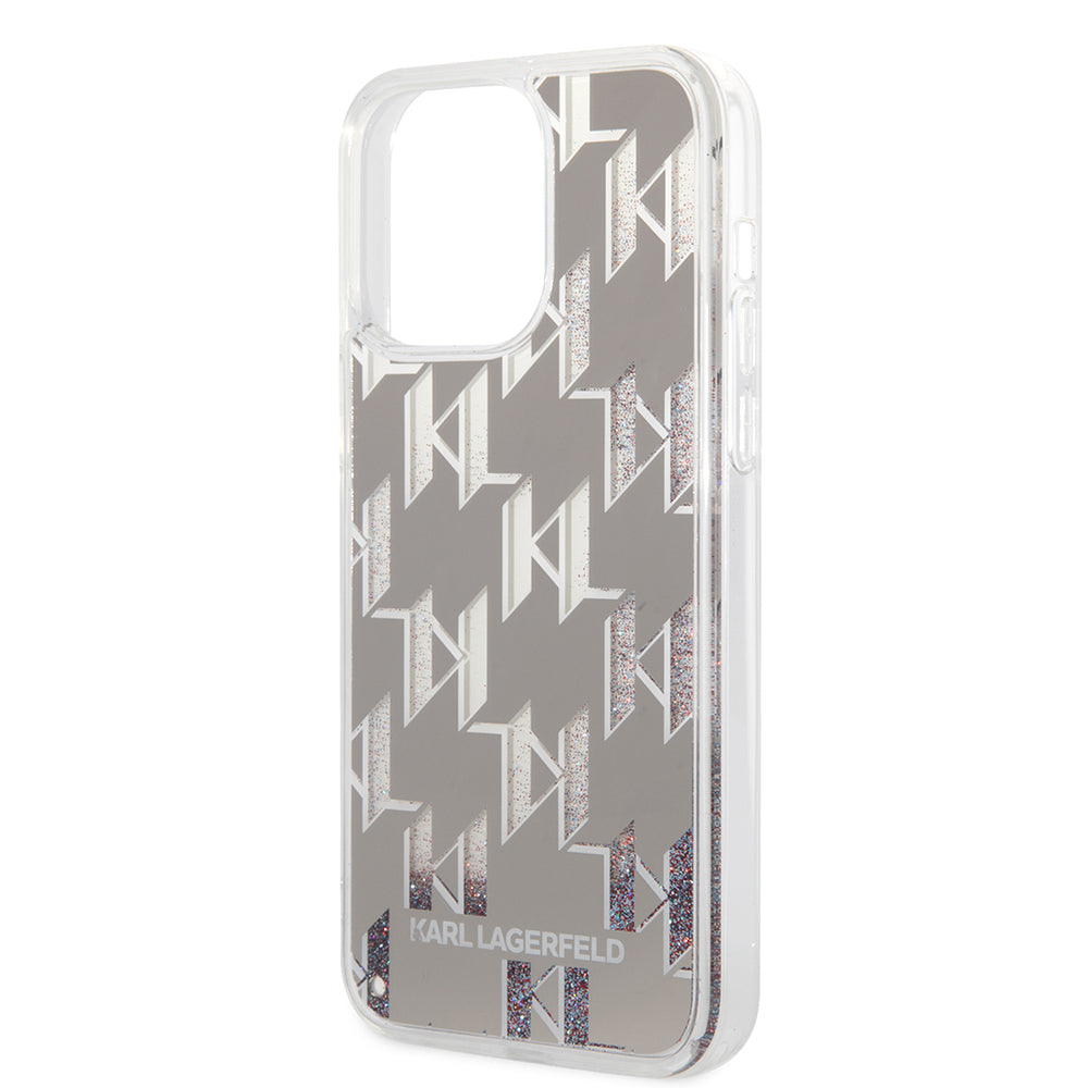 Etui na Apple iPhone 14 Pro Max, Karl Lagerfeld, Liquid Glitter Monogram, Srebrne