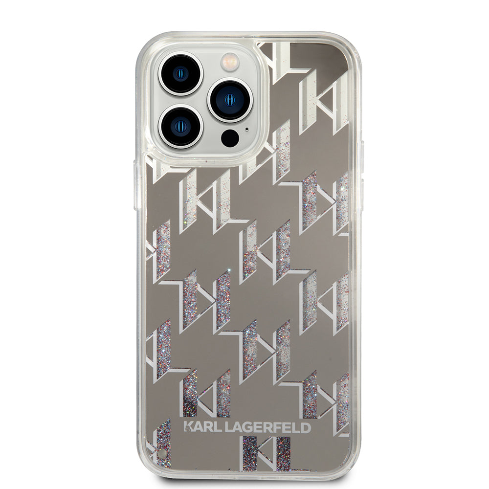 Etui na Apple iPhone 14 Pro Max, Karl Lagerfeld, Liquid Glitter Monogram, Srebrne