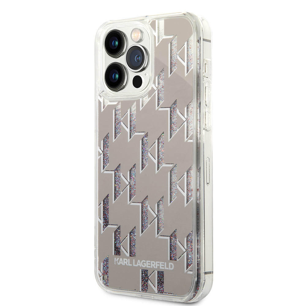 Etui na Apple iPhone 14 Pro Max, Karl Lagerfeld, Liquid Glitter Monogram, Srebrne