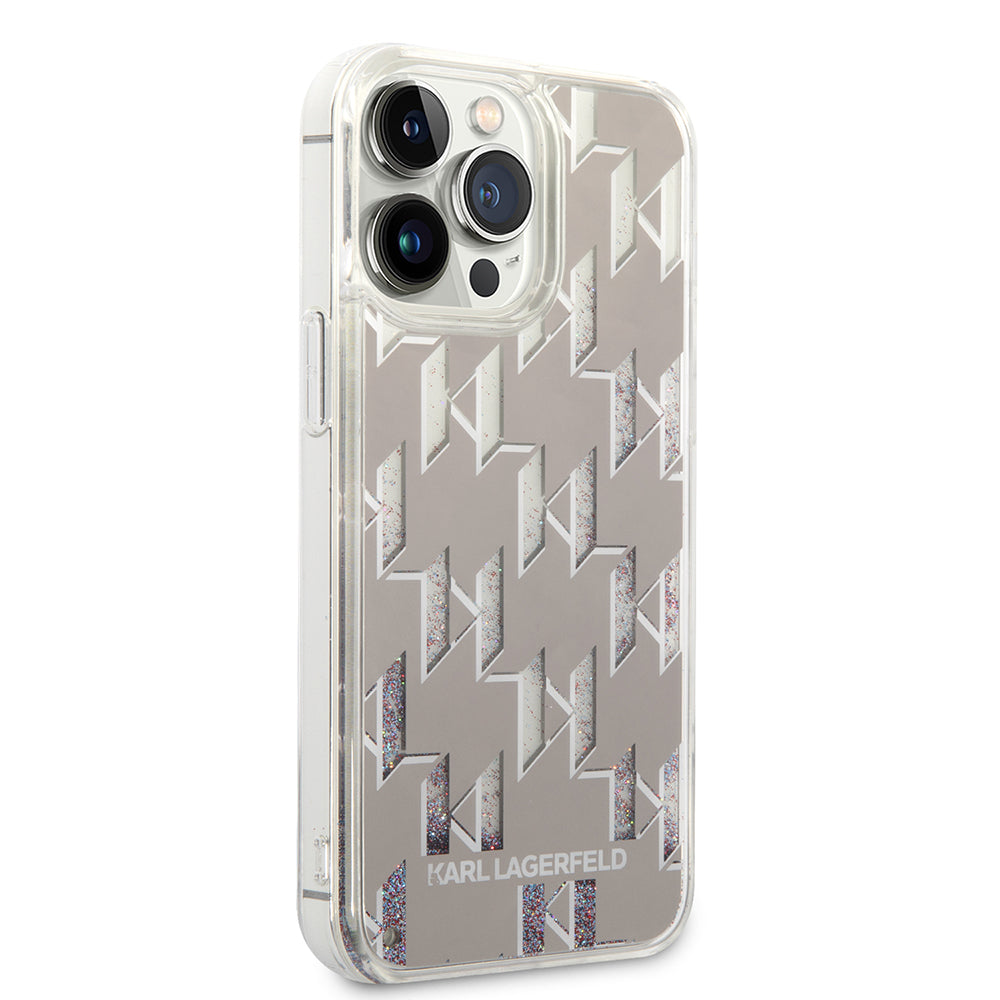 Etui na Apple iPhone 14 Pro Max, Karl Lagerfeld, Liquid Glitter Monogram, Srebrne