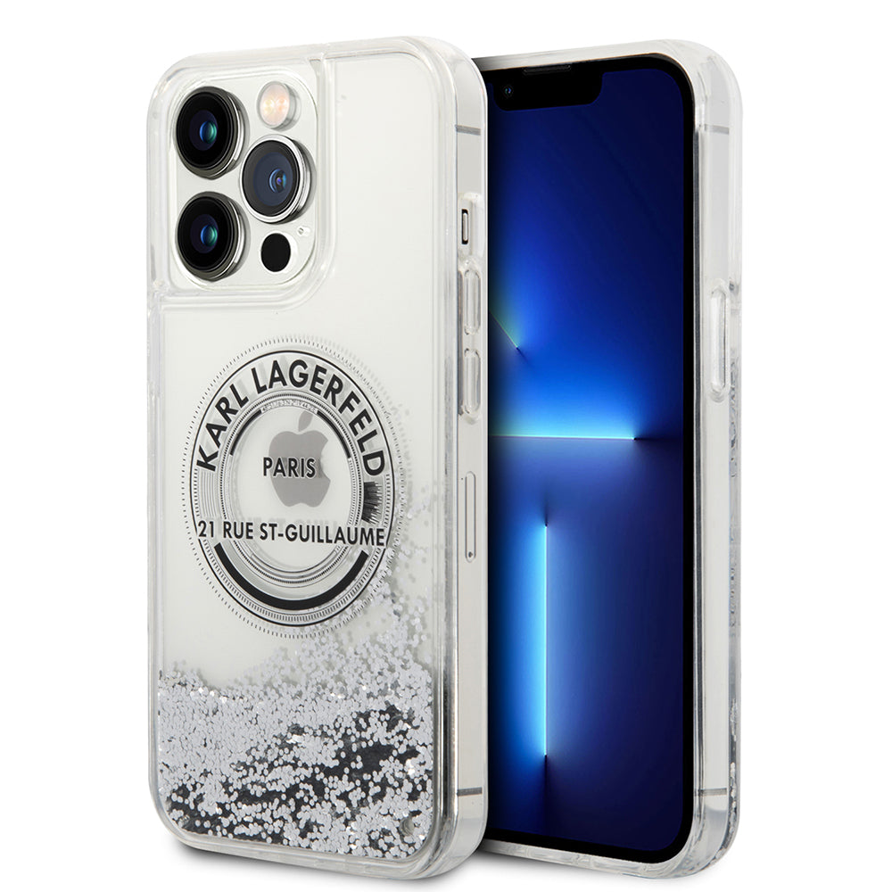Etui na Apple iPhone 14 Pro Max, Karl Lagerfeld, Liquid Glitter RSG, Srebrne