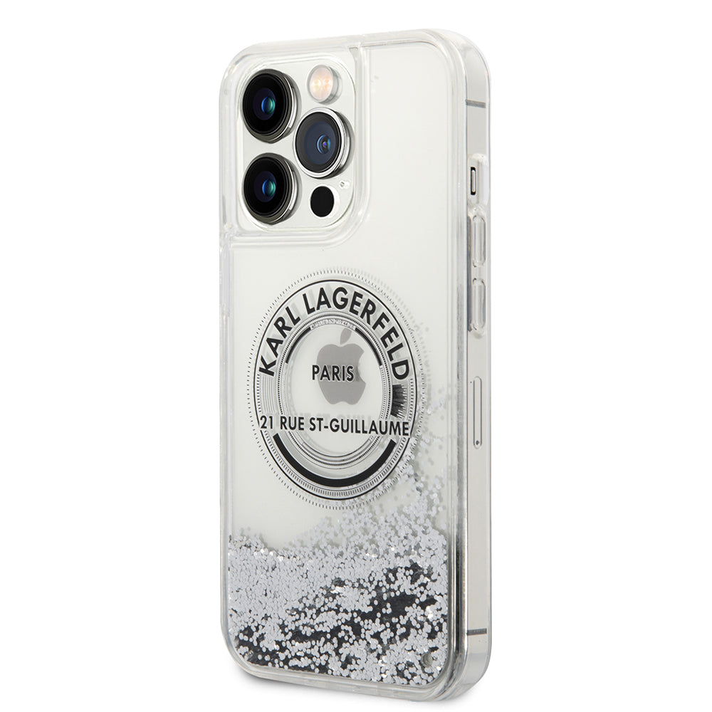 Etui na Apple iPhone 14 Pro Max, Karl Lagerfeld, Liquid Glitter RSG, Srebrne