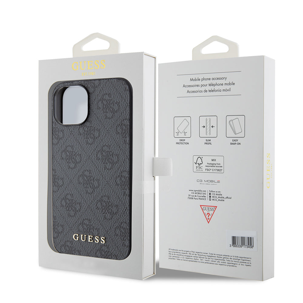 Etui na Apple iPhone 15, Guess, 4G Metal Gold Logo, Szare