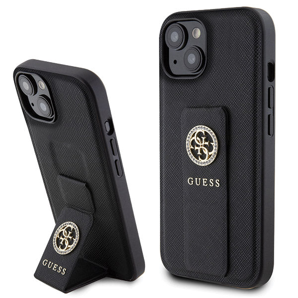 Etui na Apple iPhone 15, Guess, Grip Stand 4G Saffiano Strass, Czarne
