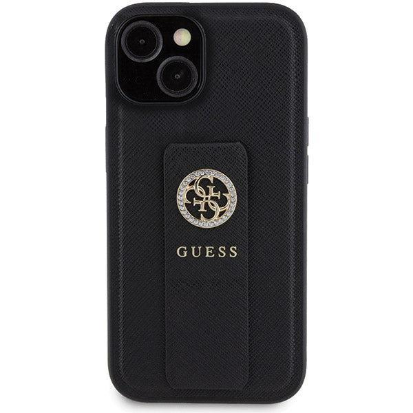 Etui na Apple iPhone 15, Guess, Grip Stand 4G Saffiano Strass, Czarne