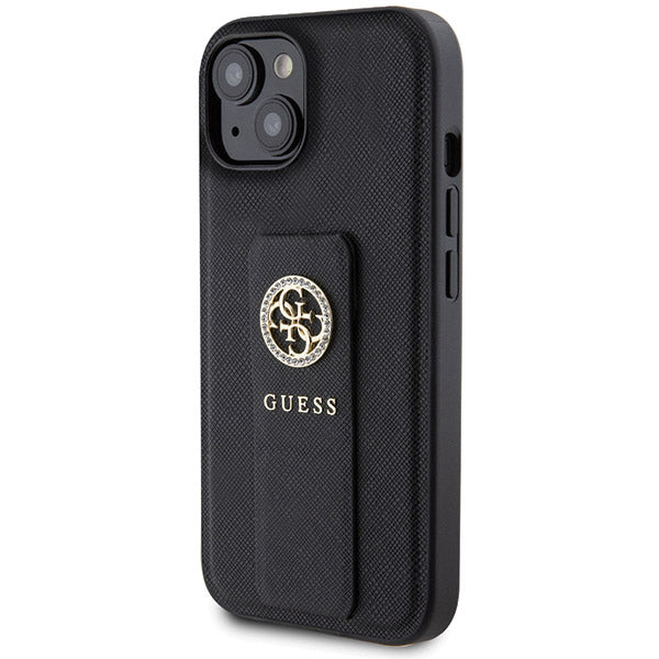 Etui na Apple iPhone 15, Guess, Grip Stand 4G Saffiano Strass, Czarne