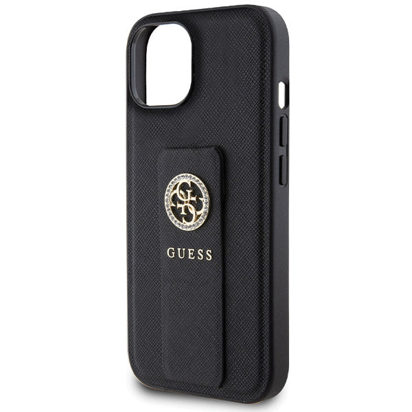 Etui na Apple iPhone 15, Guess, Grip Stand 4G Saffiano Strass, Czarne