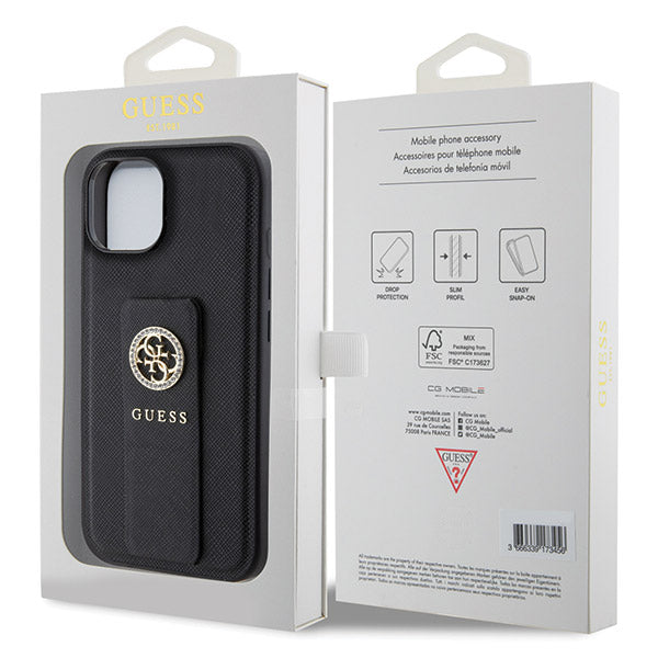 Etui na Apple iPhone 15, Guess, Grip Stand 4G Saffiano Strass, Czarne