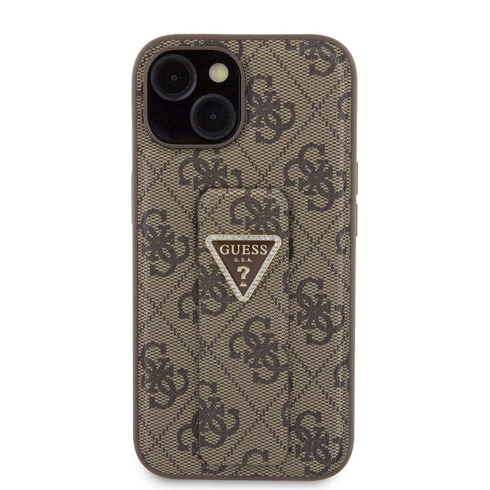 Etui dla Apple iPhone 15, Guess, Grip Stand 4G Triangle Strass, Brązowy