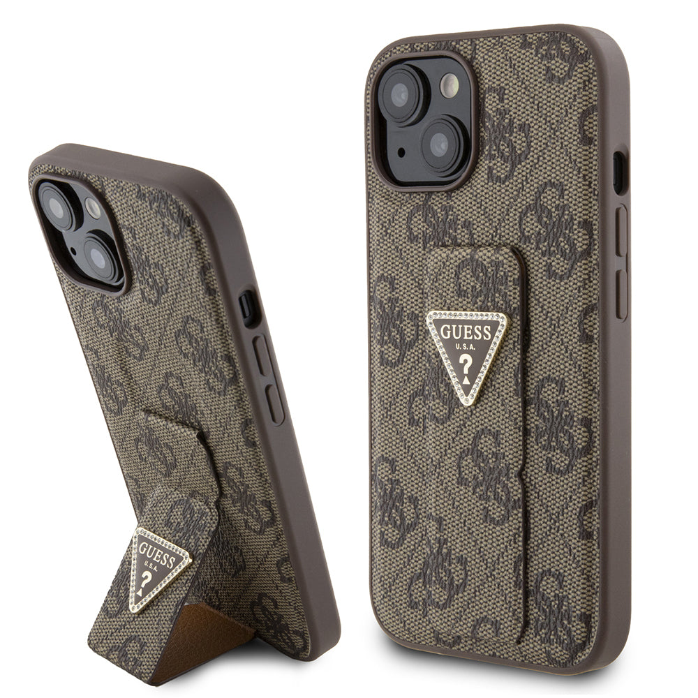 Etui dla Apple iPhone 15, Guess, Grip Stand 4G Triangle Strass, Brązowy