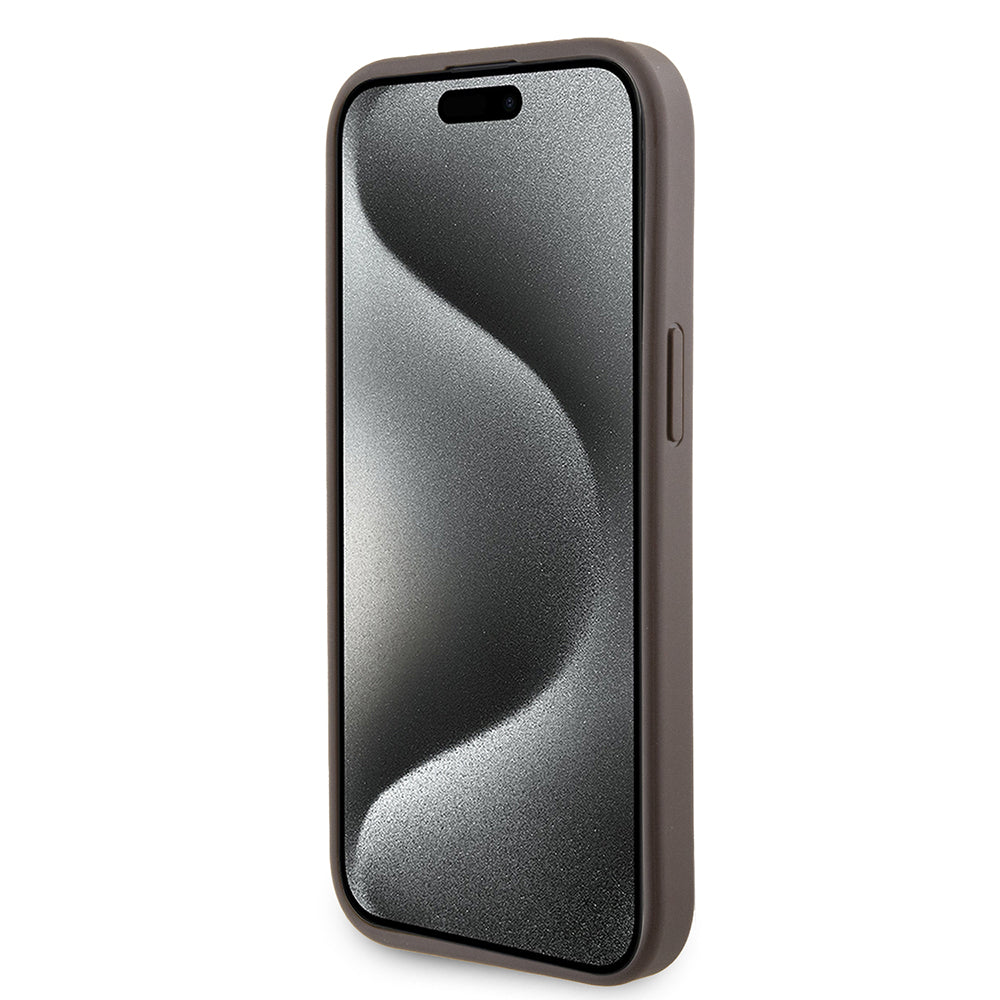 Etui dla Apple iPhone 15, Guess, Grip Stand 4G Triangle Strass, Brązowy