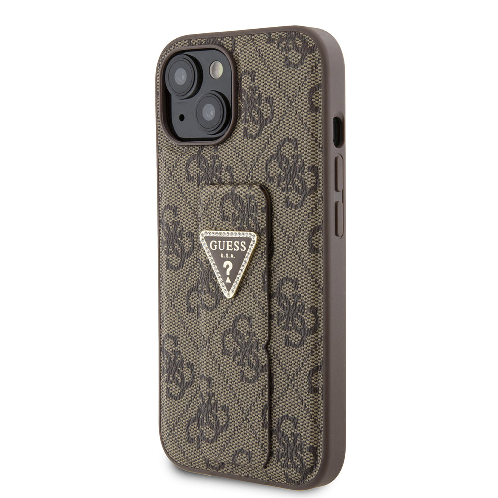 Etui dla Apple iPhone 15, Guess, Grip Stand 4G Triangle Strass, Brązowy