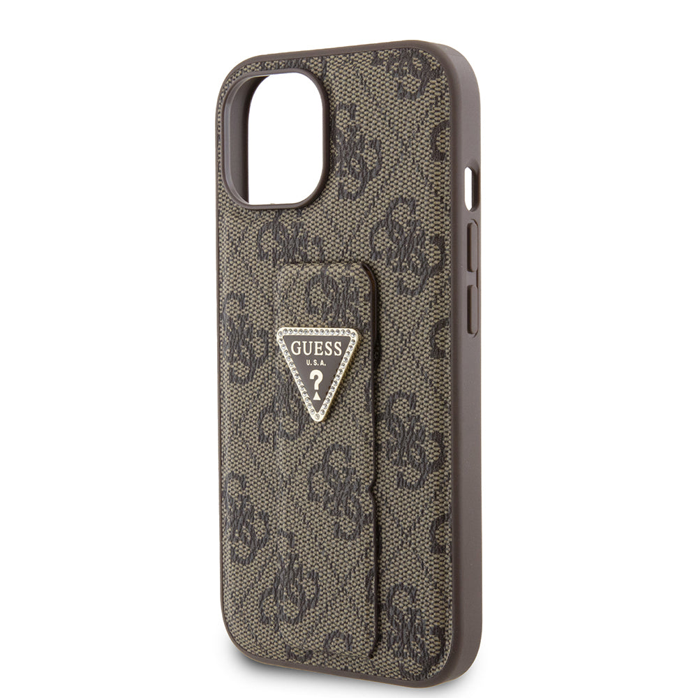 Etui dla Apple iPhone 15, Guess, Grip Stand 4G Triangle Strass, Brązowy