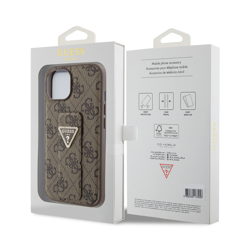 Etui dla Apple iPhone 15, Guess, Grip Stand 4G Triangle Strass, Brązowy