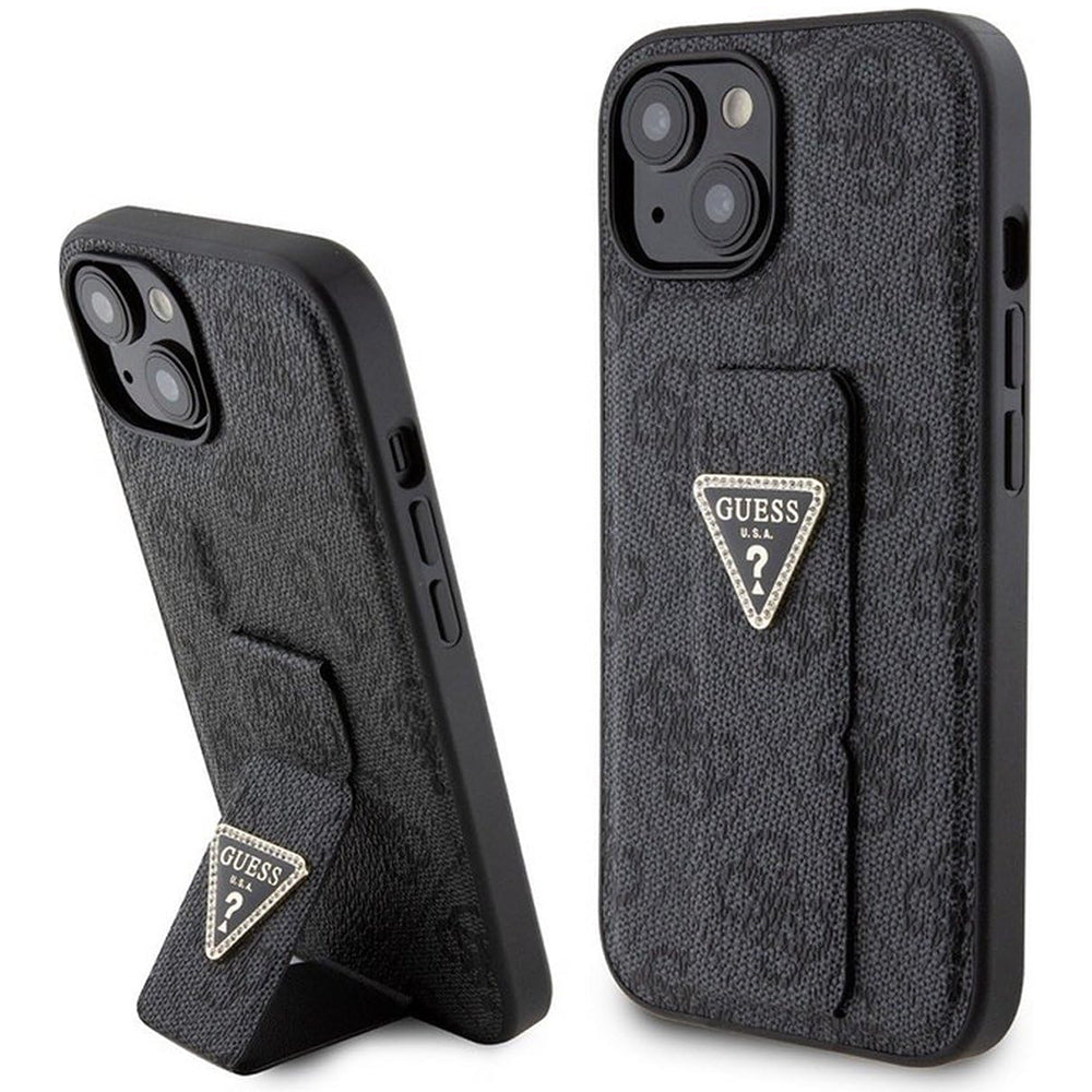 Etui na Apple iPhone 15, Guess, Grip Stand 4G Triangle Strass, Czarne