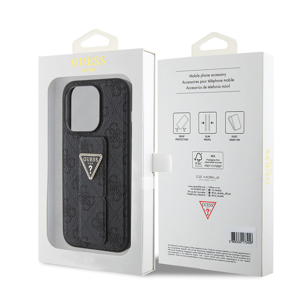 Etui na Apple iPhone 15, Guess, Grip Stand 4G Triangle Strass, Czarne