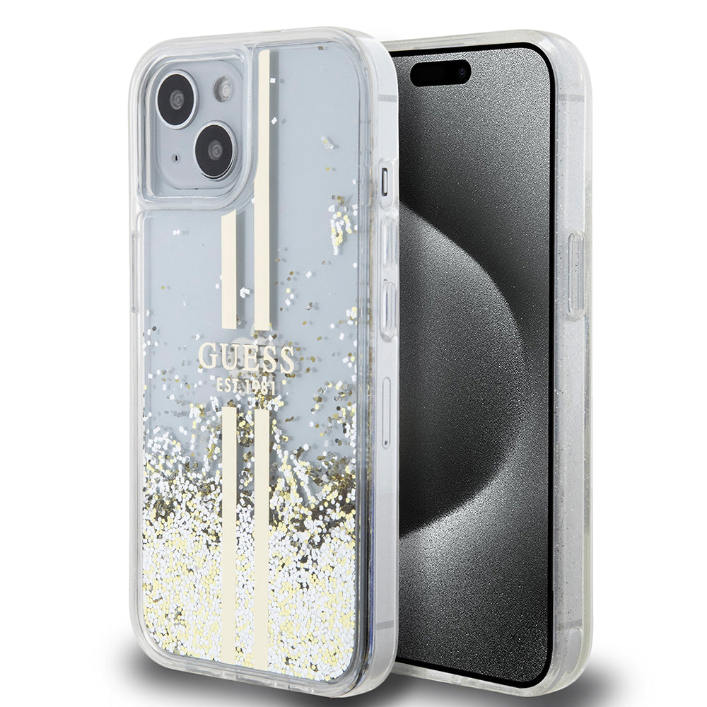 Etui na Apple iPhone 15, Guess, Liquid Glitter Gold Stripes, Przezroczyste