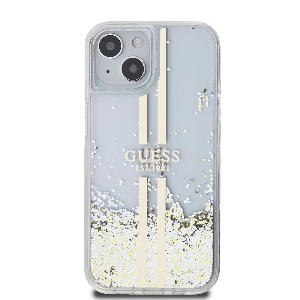 Etui na Apple iPhone 15, Guess, Liquid Glitter Gold Stripes, Przezroczyste