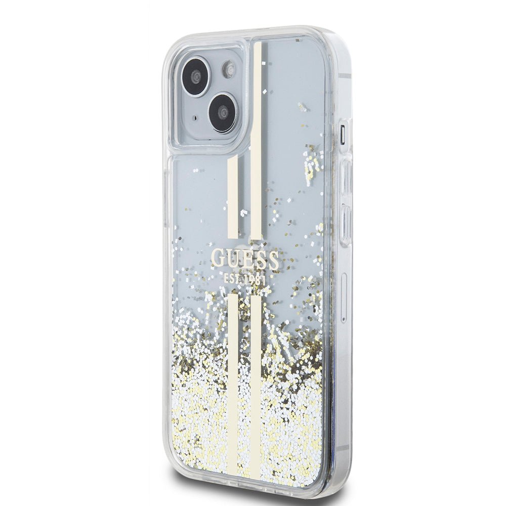 Etui na Apple iPhone 15, Guess, Liquid Glitter Gold Stripes, Przezroczyste