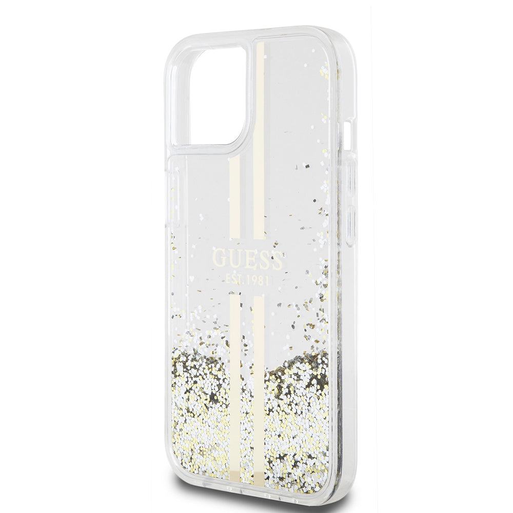 Etui na Apple iPhone 15, Guess, Liquid Glitter Gold Stripes, Przezroczyste