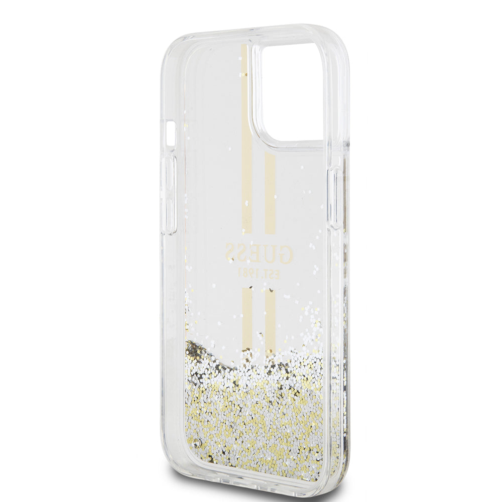 Etui na Apple iPhone 15, Guess, Liquid Glitter Gold Stripes, Przezroczyste