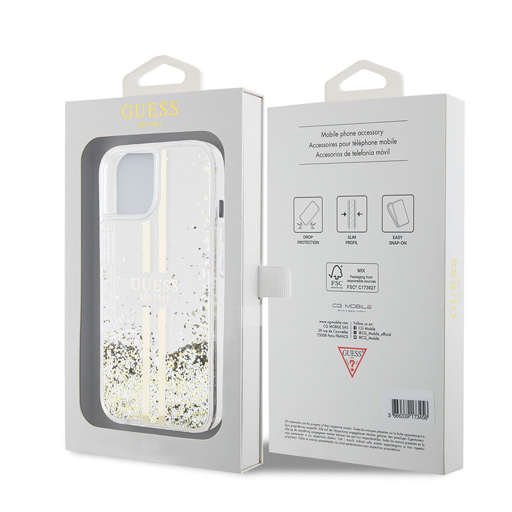 Etui na Apple iPhone 15, Guess, Liquid Glitter Gold Stripes, Przezroczyste