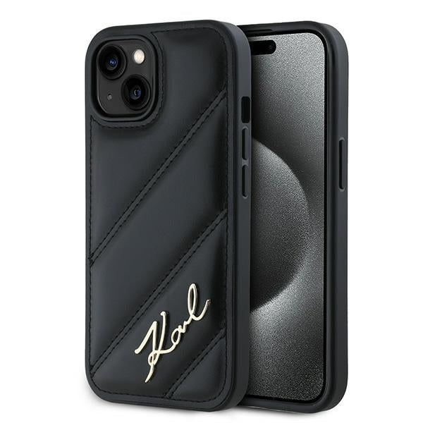Etui na Apple iPhone 15, Karl Lagerfeld, Diagonal Quilted Script, Czarne