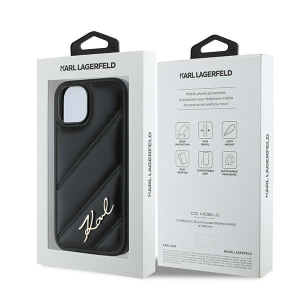 Etui na Apple iPhone 15, Karl Lagerfeld, Diagonal Quilted Script, Czarne