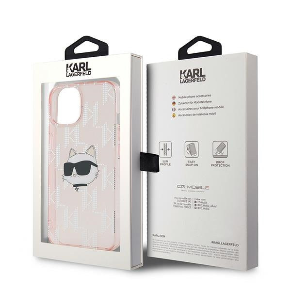 Etui na Apple iPhone 15, Karl Lagerfeld, IML Luxury Monogram Choupette's Head, Różowy